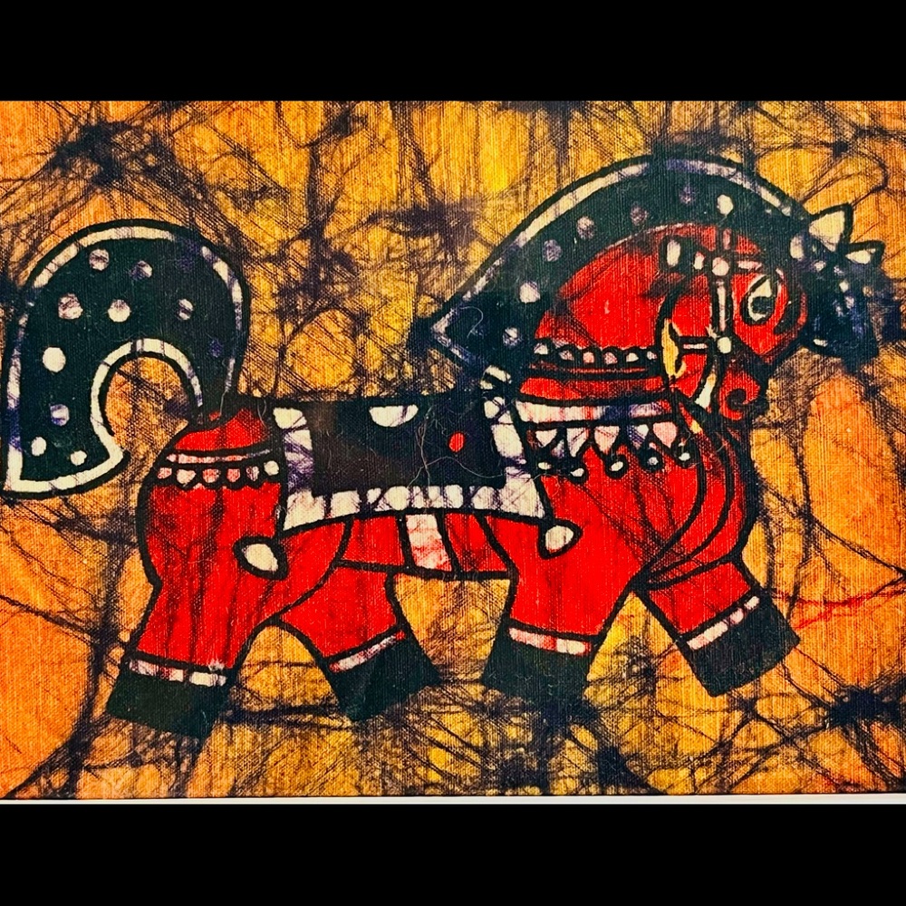 Vintage Bali batik stylized prancing horse in regalia 5”x7”framed original art